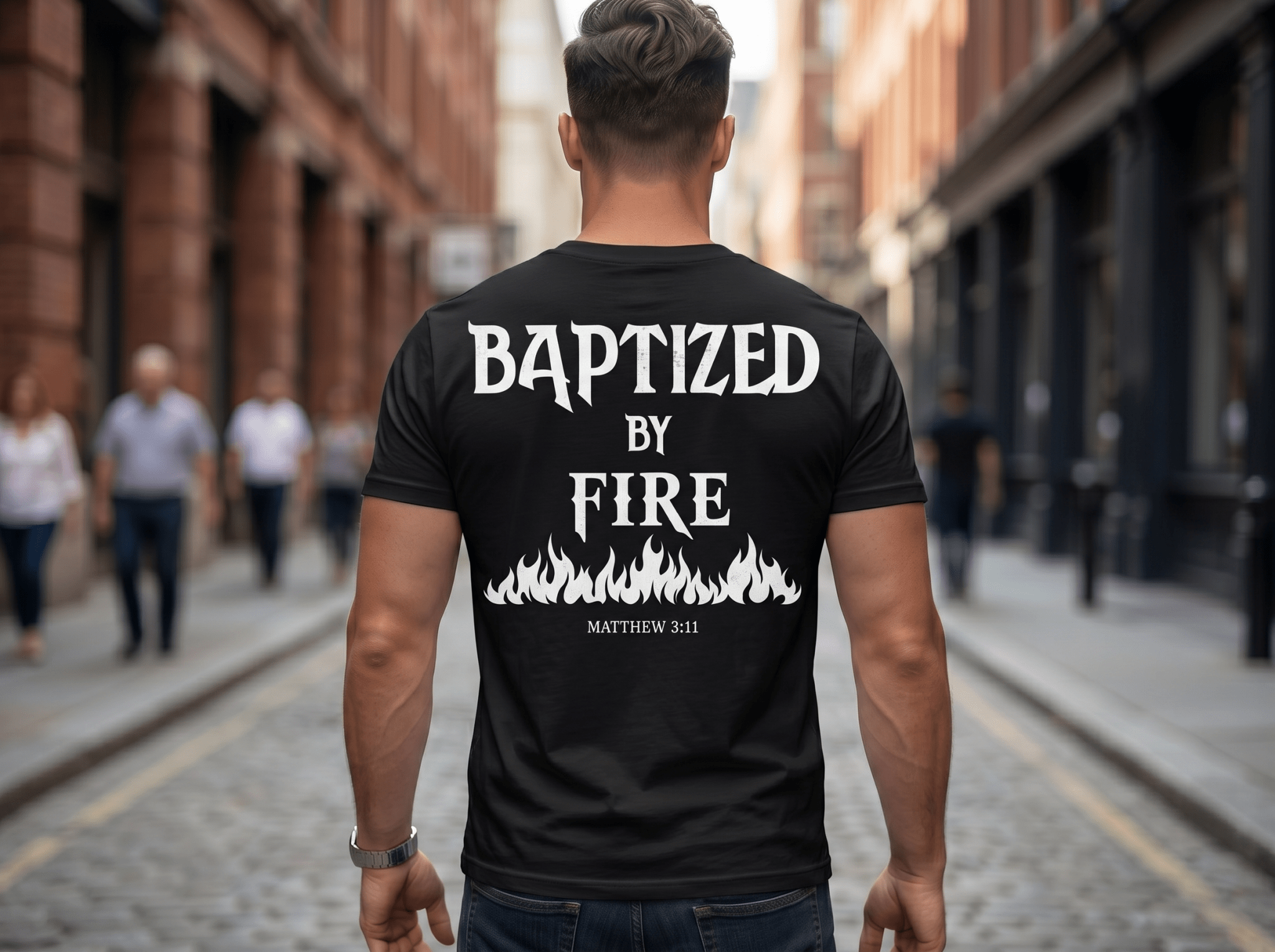 Baptized By Fire Unisex T-Shirt - white print - Press N’ Pray Kingdom Wear