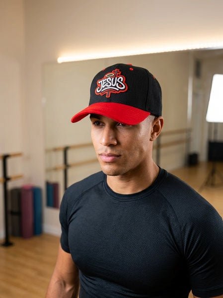 'JESUS' graffiti Black & Red Embroidered Baseball Cap - Press N’ Pray Kingdom Wear